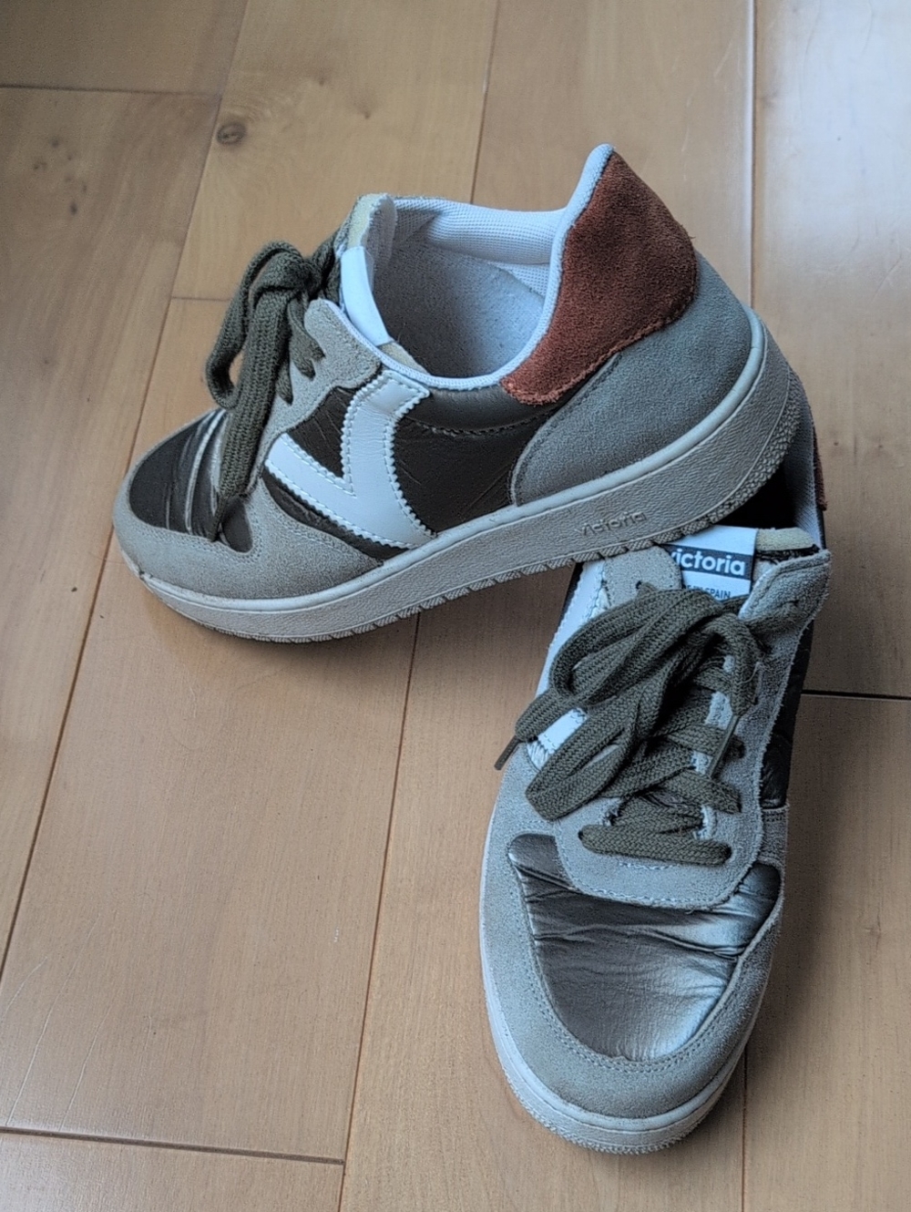Olive Green & White Women's Lace-Up Sneakers with Rust Accent